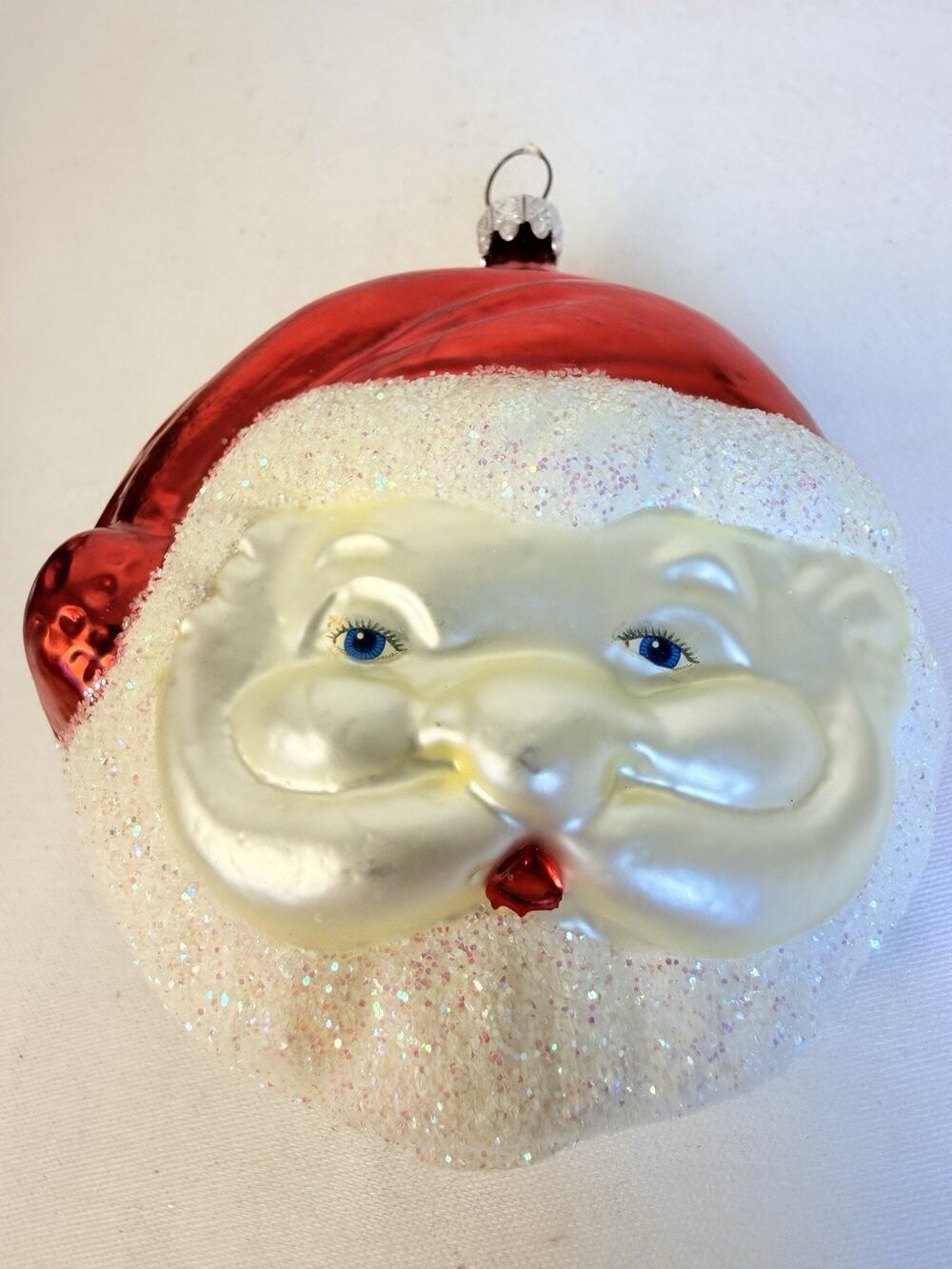 Vtg Germany Nast Style Santa Head Glass Ornament Mica Blue Decal Eyes